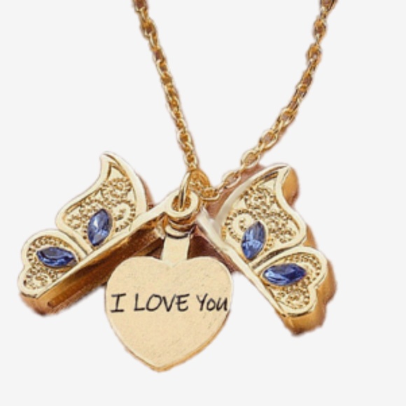 Butterfly Locket Gold Color Opens "I Love You" Heart Inside - Chain Included - Picture 3 of 5